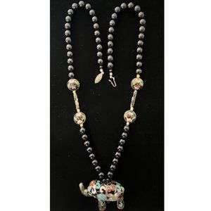 Vintage Chinese Black Onyx Cloisonne Enamel Bead Elephant Pendant Necklace